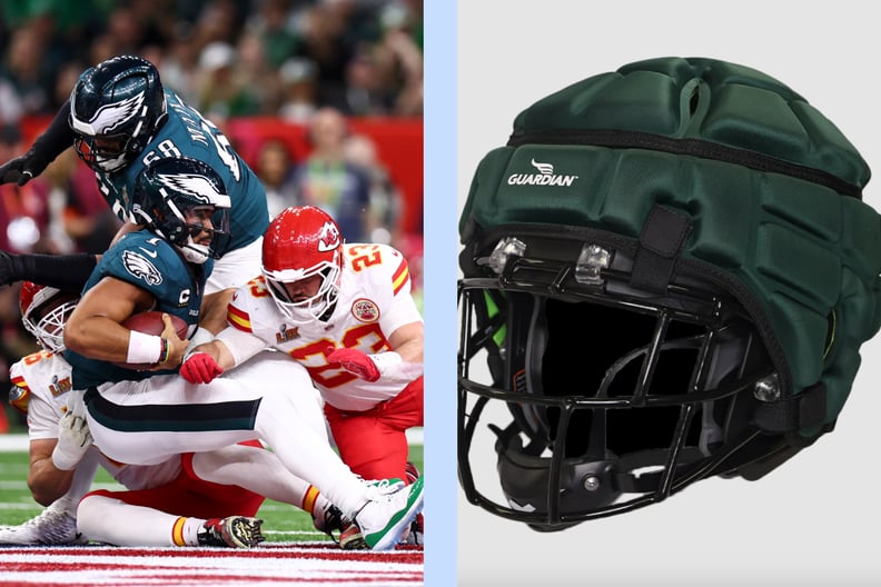 Philadelphia Eagles and Kansas City Chiefs playing in the Super Bowl alongside green Guardian Cap.