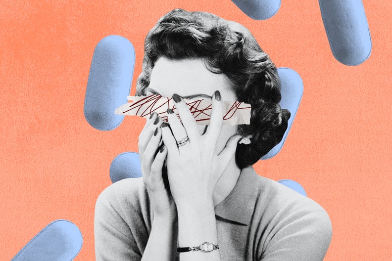 Collage image of a woman closing her eyes with pills surrounding her.